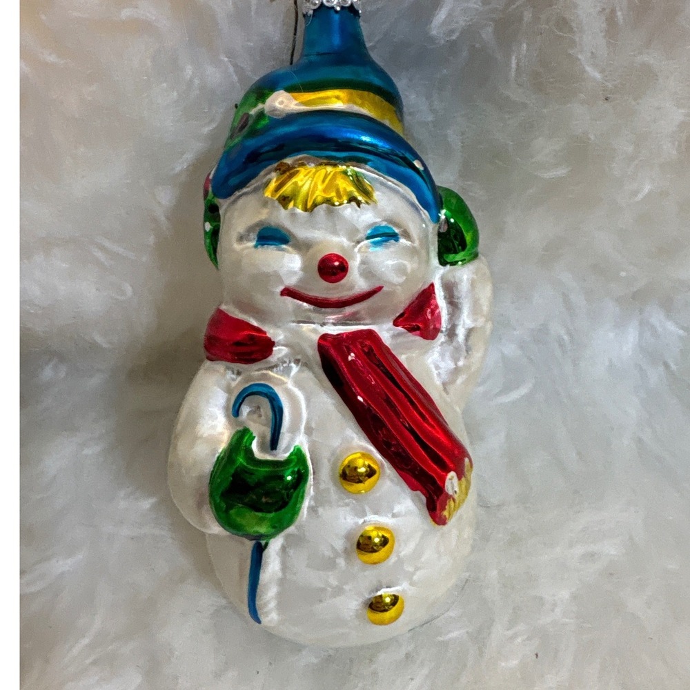 Radko Vintage Glass Snowman Christmas Ornament Blue Hat Red Scarf 5 Inch